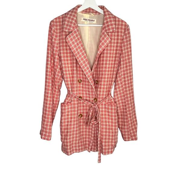 Free People Olivia Gingham Double Breasted Belted Blazer Pink & Cream Women's M - Picture 3 of 10